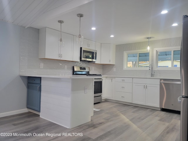 kitchen featuring stainless steel appliances, light hardwood / wood-style floors, decorative light fixtures, and tasteful backsplash