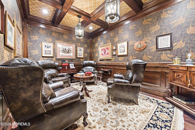 interior space with ornamental molding, wood-type flooring, coffered ceiling, and beam ceiling