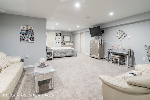 bedroom with light carpet