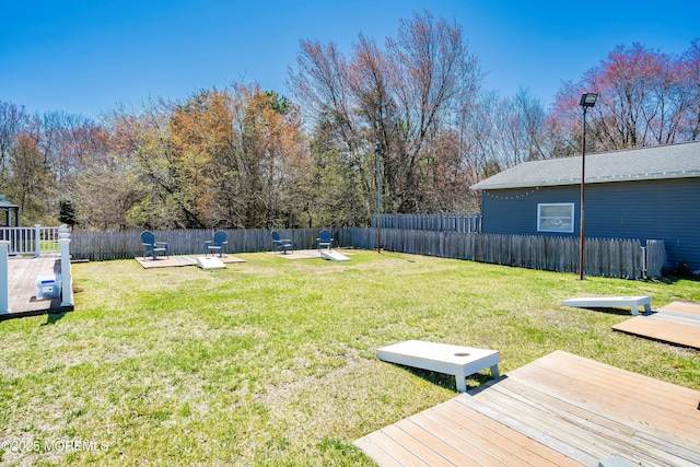 view of yard featuring a fenced backyard and a wooden deck