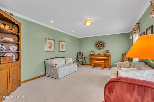 carpeted living room with crown molding