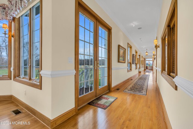 doorway featuring ornamental molding, french doors, light wood-type flooring, and a healthy amount of sunlight