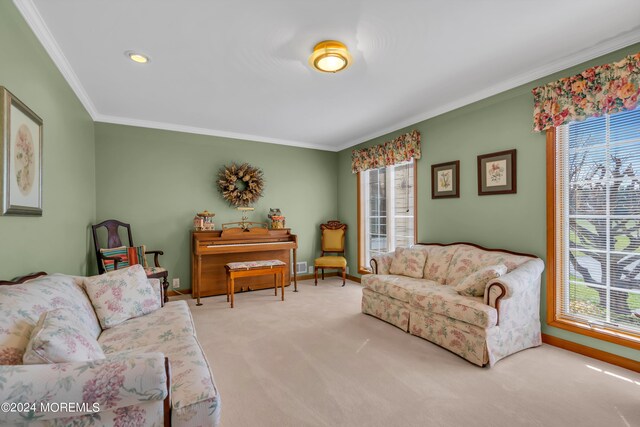 living room featuring ornamental molding and carpet flooring