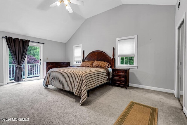 carpeted bedroom featuring access to exterior, multiple windows, high vaulted ceiling, and ceiling fan