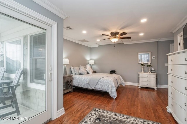 bedroom with access to exterior, visible vents, baseboards, ornamental molding, and wood finished floors