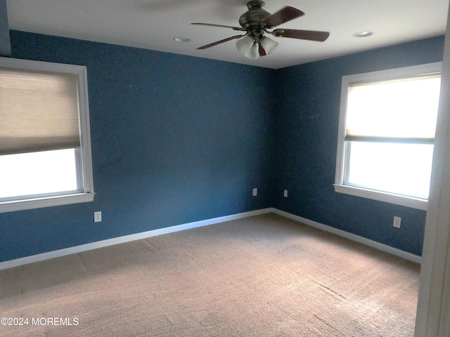 carpeted spare room with ceiling fan and a wealth of natural light