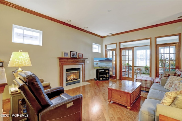 living room featuring crown molding and hardwood / wood-style flooring