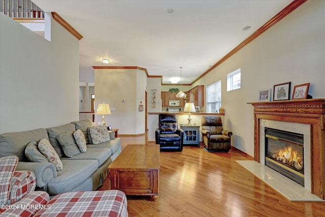 living room featuring crown molding, hardwood / wood-style flooring, and a high end fireplace