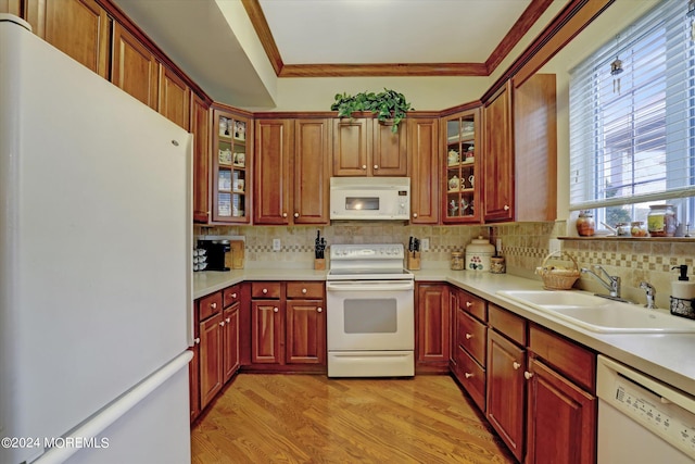 kitchen featuring light hardwood / wood-style flooring, white appliances, crown molding, tasteful backsplash, and sink