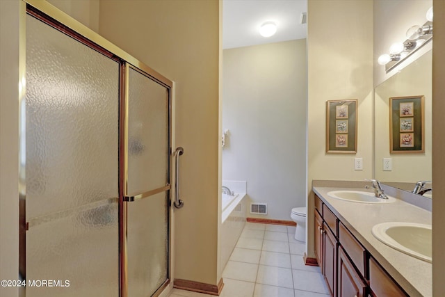 full bathroom with dual bowl vanity, toilet, tile floors, and plus walk in shower