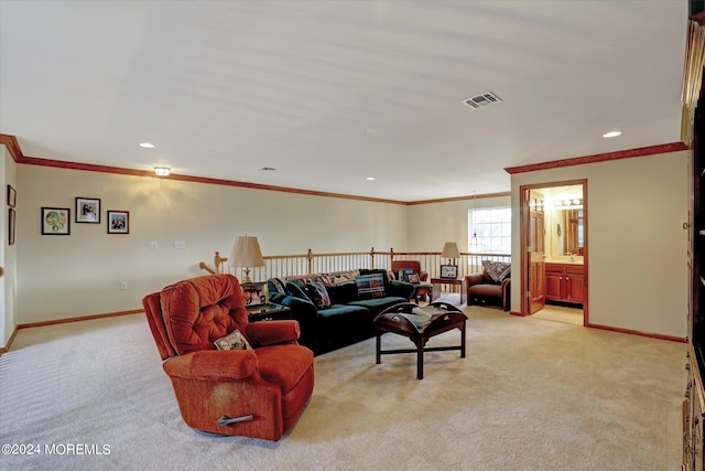 carpeted living room with crown molding