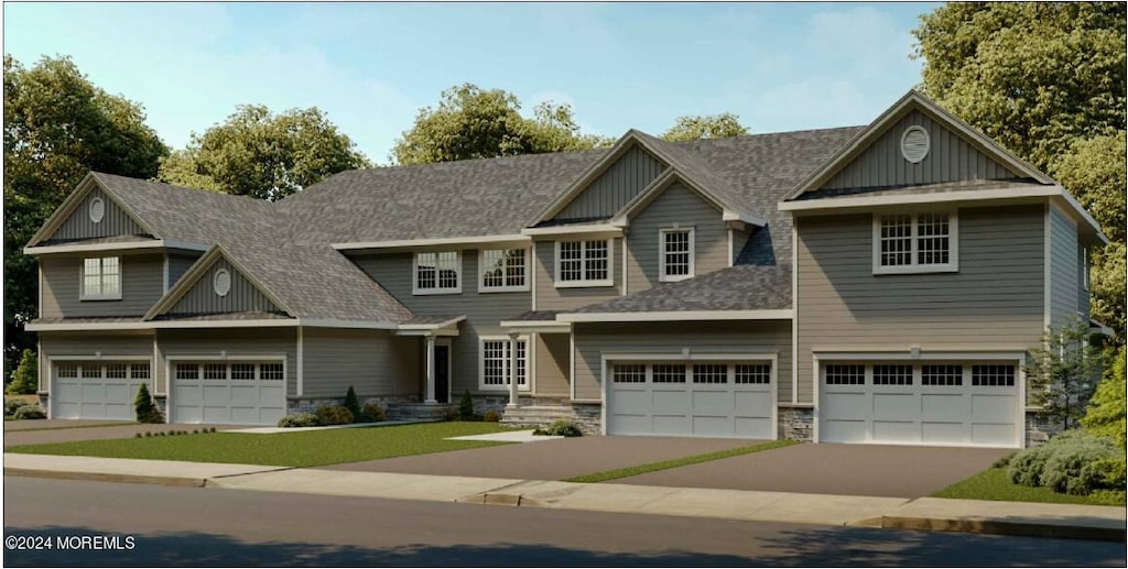 6 Remington Ct, Farmingdale, NJ 07727 - craftsman inspired home featuring stone siding, driveway, roof with shingles, an attached garage, and board and batten siding