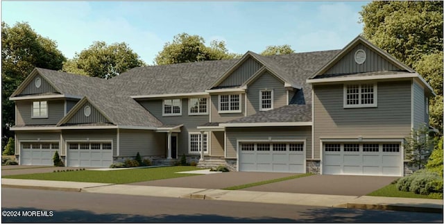 6 Remington Ct, Farmingdale, NJ 07727 - craftsman inspired home featuring stone siding, driveway, roof with shingles, an attached garage, and board and batten siding