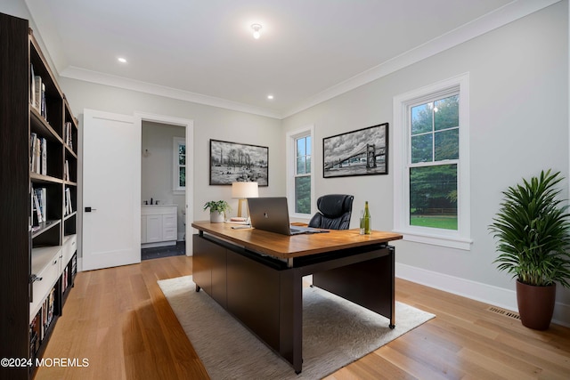 home office with ornamental molding, light hardwood / wood-style floors, and a healthy amount of sunlight