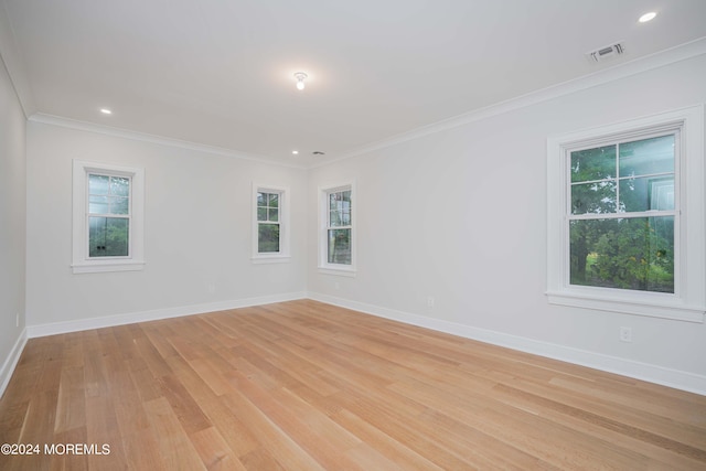 spare room featuring ornamental molding, plenty of natural light, and light hardwood / wood-style floors