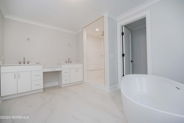 bathroom with vanity, separate shower and tub, and ornamental molding