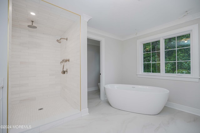 bathroom with ornamental molding, plus walk in shower, and toilet