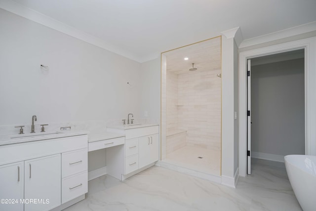 bathroom featuring plus walk in shower, ornamental molding, and vanity