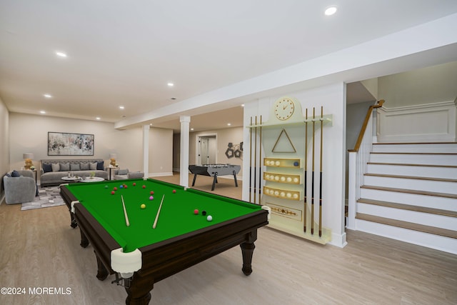 game room with pool table and light wood-type flooring