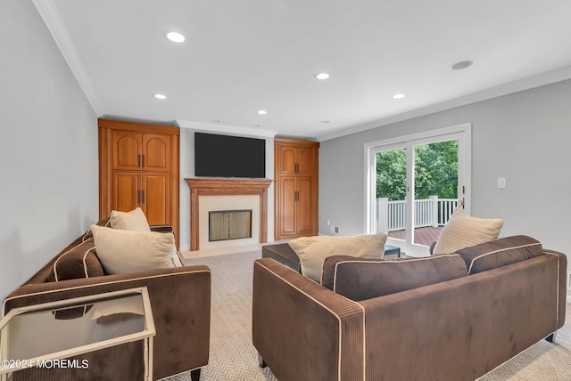 living room with light carpet and ornamental molding