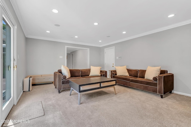 carpeted living room with crown molding