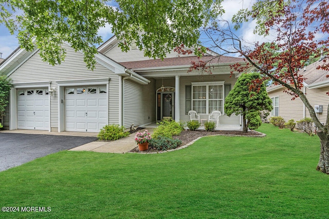 view of front of property featuring a garage and a front lawn