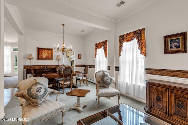 carpeted living room with crown molding, an inviting chandelier, and a healthy amount of sunlight