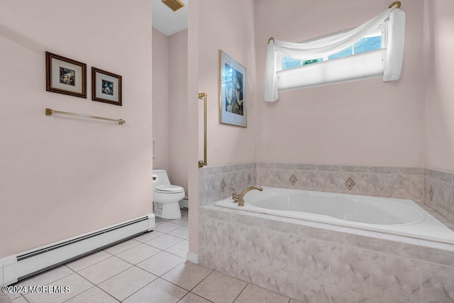 bathroom featuring tile patterned flooring, toilet, a baseboard radiator, and tiled bath