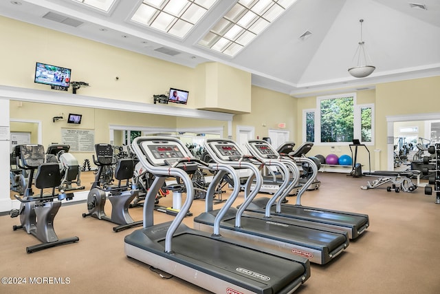 workout area with high vaulted ceiling and crown molding