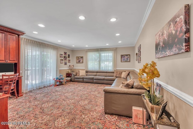 living room with carpet and ornamental molding