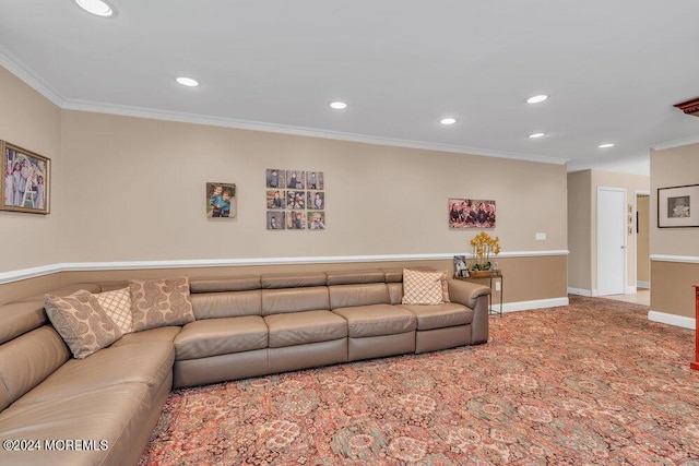 carpeted living room featuring ornamental molding