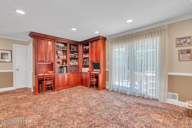 office space featuring crown molding and light carpet