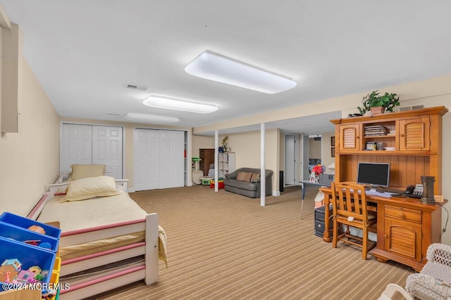 carpeted bedroom featuring two closets