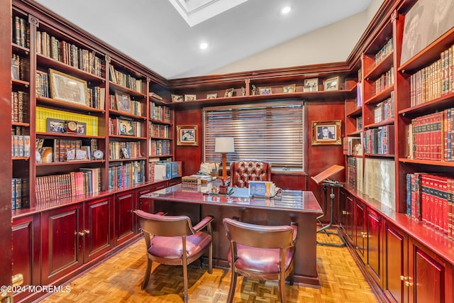 home office featuring light parquet floors and vaulted ceiling