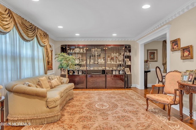 65 Chicanos Dr, Lakewood, NJ 08701 - living room featuring a dry bar, recessed lighting, wood finished floors, and crown molding