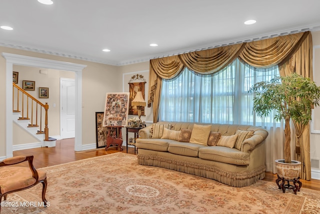 65 Chicanos Dr, Lakewood, NJ 08701 - living room featuring wood finished floors, recessed lighting, and stairway