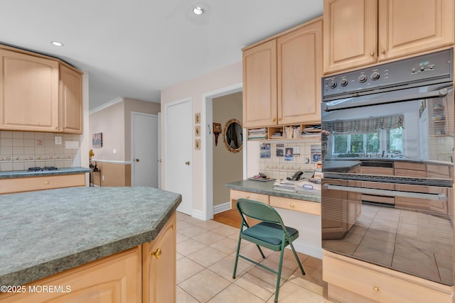 65 Chicanos Dr, Lakewood, NJ 08701 - kitchen with light brown cabinetry, decorative backsplash, light tile patterned flooring, and recessed lighting