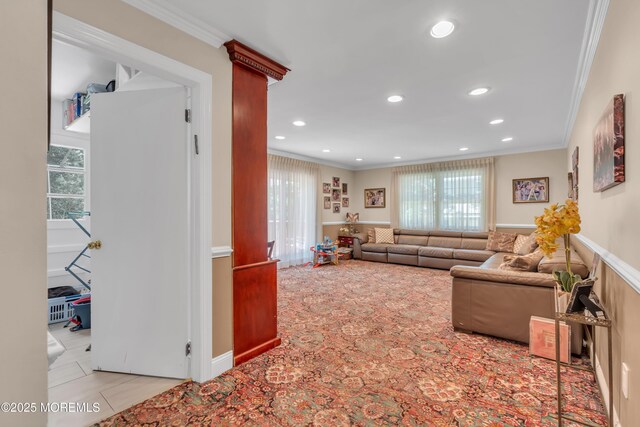 65 Chicanos Dr, Lakewood, NJ 08701 - living room featuring crown molding, recessed lighting, and tile patterned floors