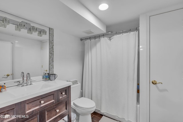 65 Chicanos Dr, Lakewood, NJ 08701 - bathroom featuring vanity, shower / bath combination with curtain, tile patterned flooring, and tile walls