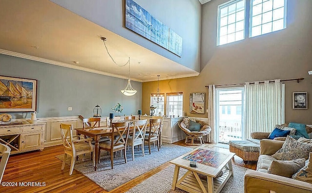 interior space featuring hardwood / wood-style floors, crown molding, a healthy amount of sunlight, and a towering ceiling