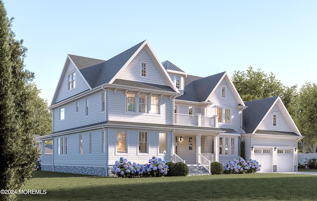 view of front of home featuring a garage, a front yard, and covered porch