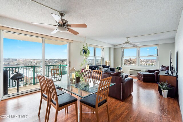 dining area with ceiling fan, wood-type flooring, and a textured ceiling