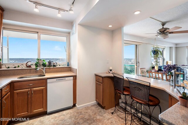 kitchen with dishwasher, sink, a textured ceiling, track lighting, and ceiling fan