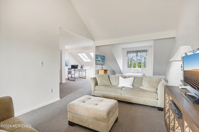 carpeted living room featuring vaulted ceiling