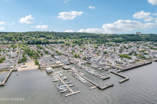 bird's eye view with a water view