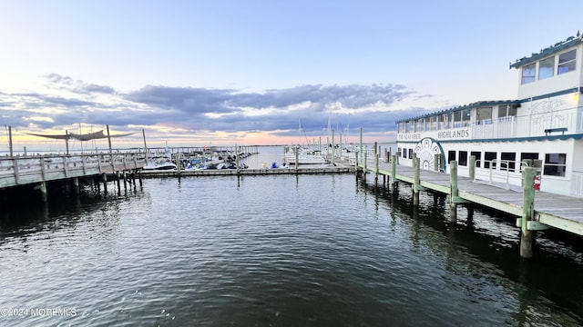 view of dock with a water view