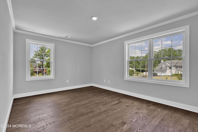 empty room featuring dark hardwood / wood-style flooring and ornamental molding