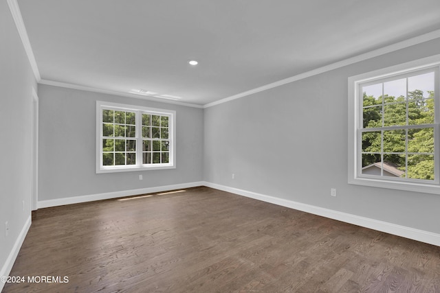 spare room with dark hardwood / wood-style flooring, a wealth of natural light, and crown molding