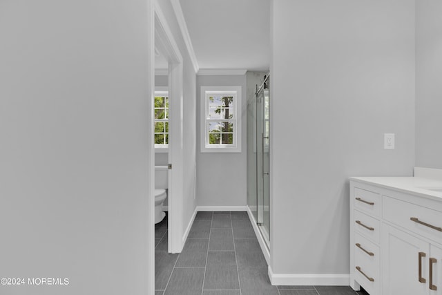 bathroom featuring vanity, toilet, a shower with shower door, and crown molding