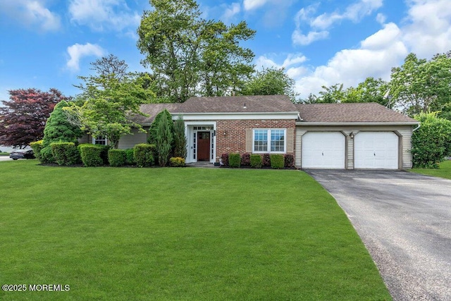 ranch-style house with asphalt driveway, a garage, a front yard, and brick siding